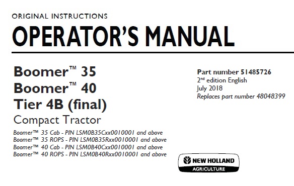New Holland Boomer 35, Boomer 40 Tier 4B (final) Compact Tractor
