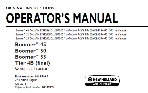 New Holland Boomer 45, Boomer 50, Boomer 55 Tier 4B (final) Compact Tractor