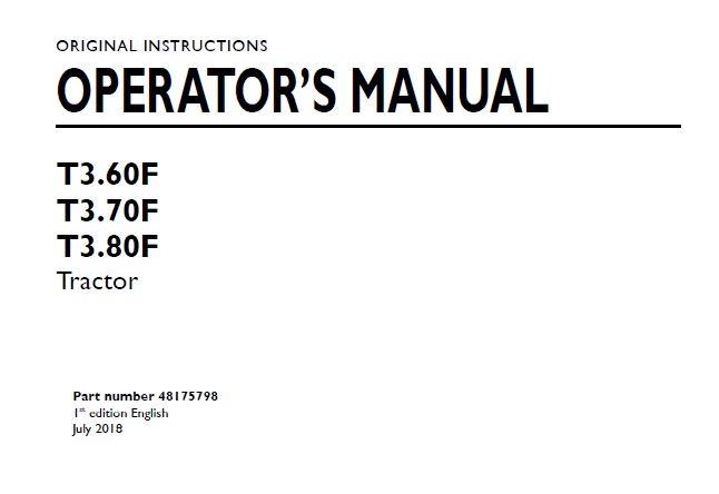 New Holland T3.60F, T3.70F, T3.80F Tractor Operator Manual
