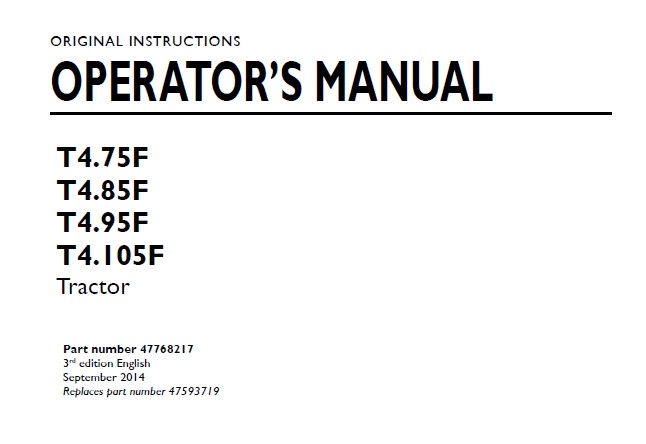 New Holland T4.75F, T4.85F, T4.95F, T4.105F Tractor Operator Manual