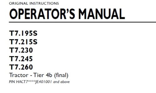 New Holland T7.195S, T7.215S, T7.230, T7.245, T7.260 Tractor Operator Manual