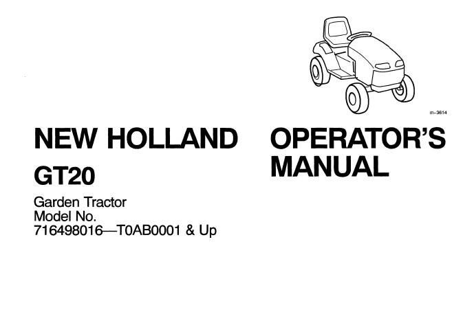 New Holland GT20 Garden Tractor Operator's Manual