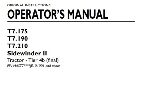 New Holland T7.175 , T7.190 , T7.210 Sidewinder II Tractor - Tier 4b (final) Operator Manual 2018