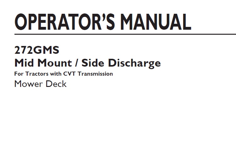 New Holland 272GMS Mid Mount Side Discharge Mower Deck Operator Manual
